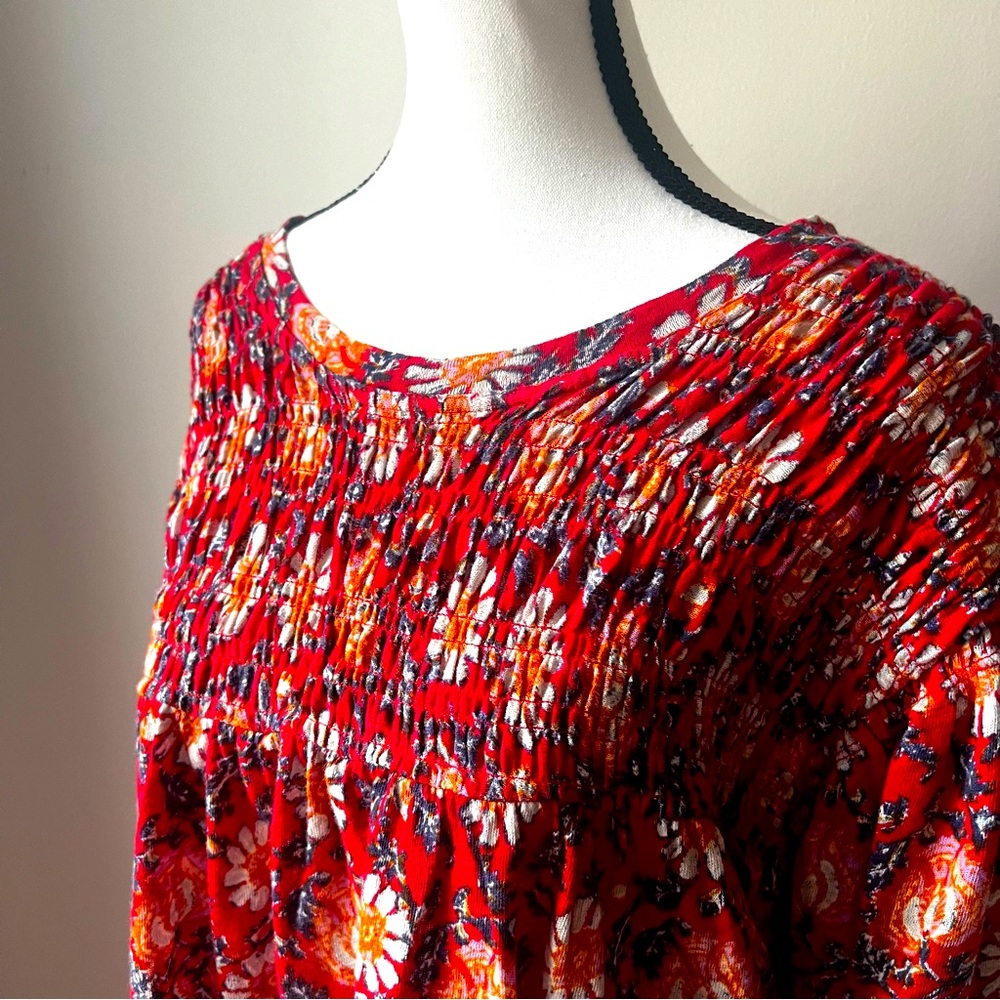 Free People Cropped Red Floral Smocked Peasant Top